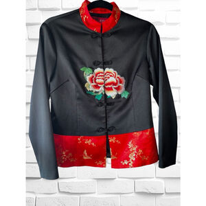 Fish Womens Medium Traditional Asian Style Embroidered Black & Red Silk Jacket